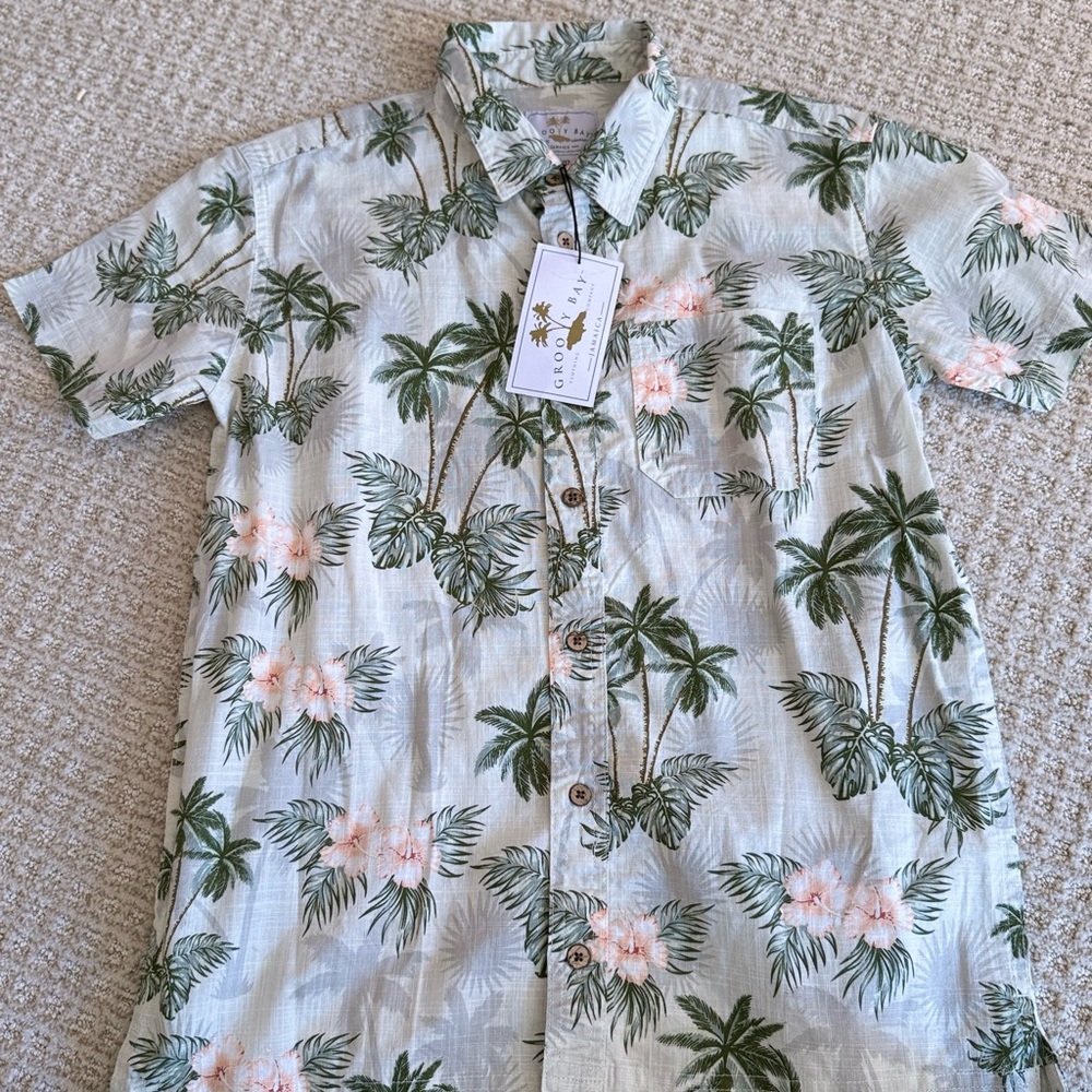 Green and White Tropical Button Down Shirt